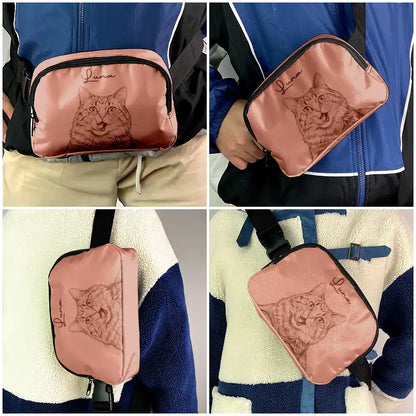 Custom Photo Pencil Sketch Besties Dog Cat Funny Portrait - Personalized Crossbody Belt Bag