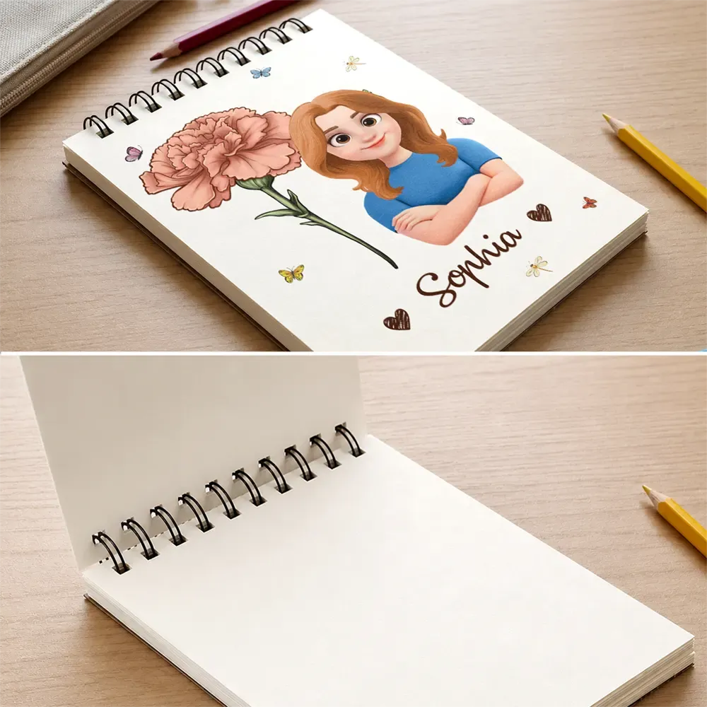 Birth Flower Cartoon Character For Kids, Sisters, Besties - Personalized Sketchbook