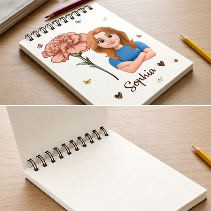 Birth Flower Cartoon Character For Kids, Sisters, Besties - Personalized Sketchbook