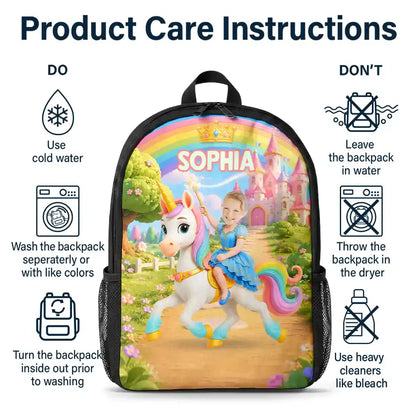 Custom Photo Little Girl Princess Unicorn - Personalized Kids Backpack