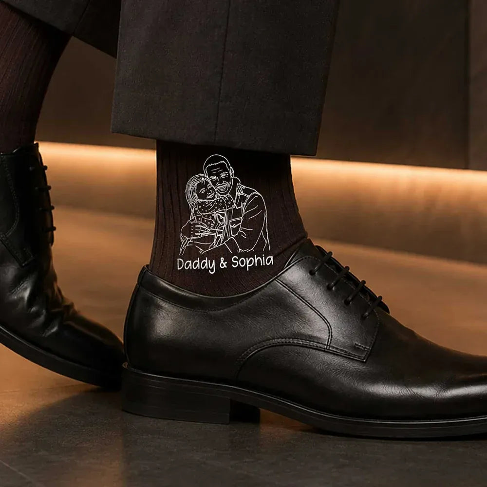 Custom Photo Outline Sketch Best Dad Ever - Personalized Embroidered Socks