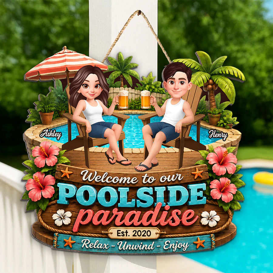 Summer Vibe Welcome To Our Poolside Paradise - Personalized Wood Sign - Gift For Couple, Summer Outdoor Porch, Patio, Bar Decoration