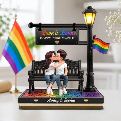 LGBT+ Couple Sitting On Bench Under Lamp Post - Personalized Wooden Plaque - Gift For Couple, Happy Pride Month