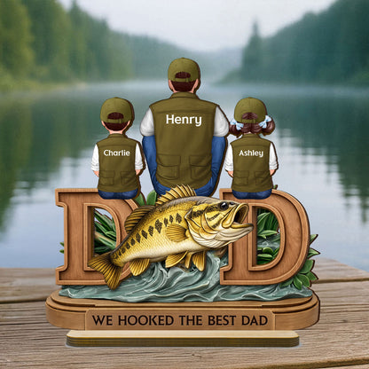 Fishing Dad And Kids Sitting Together - Personalized Wooden Plaque - Heartfelt Gift For Dad, Gift For Husband