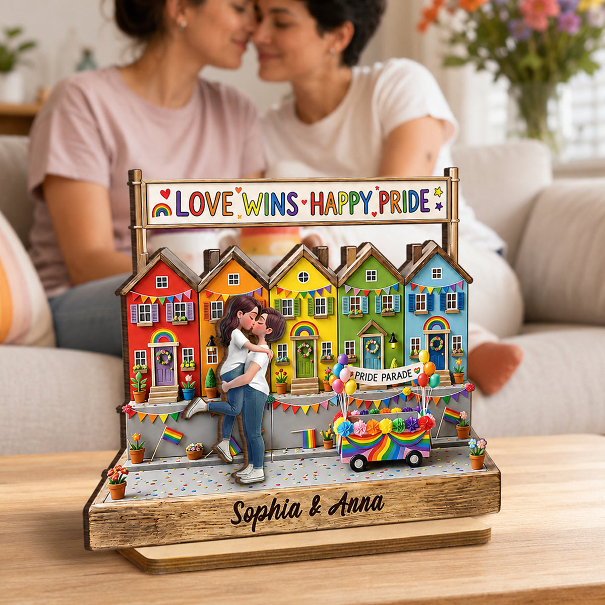 Love Wins LGBT+ Couple - Personalized Wooden Plaque - Gift For Couple, Happy Pride Month