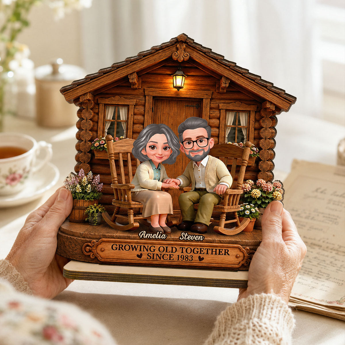 Eternal Love Couple Growing Old Together Cabin Wood House - Personalized Wooden Plaque - Anniversary Gift For Couple