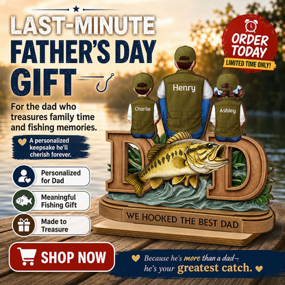 Fishing Dad And Kids Sitting Together - Personalized Wooden Plaque - Heartfelt Gift For Dad, Gift For Husband