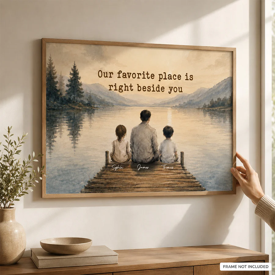 Peaceful Lakeside Dad And Kids Watercolor Style - Personalized Poster