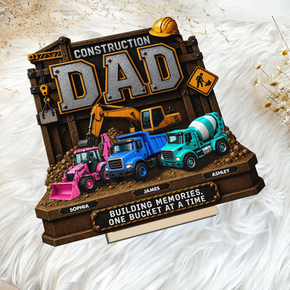 Construction Dad with Kids Names 2D Flat - Personalized Wooden Plaque
