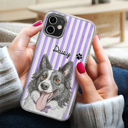 Custom Photo Colored Pencil Sketch Cute Dog Cat Stripe Pattern - Personalized Clear Phone Case