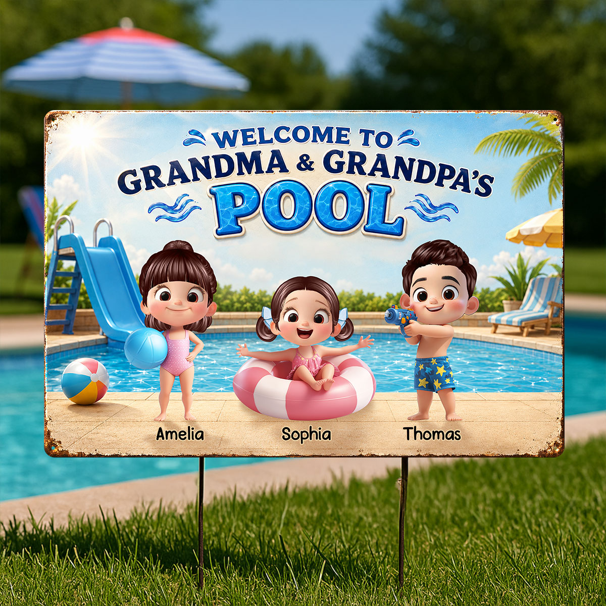 Welcome to Grandma Grandpa's Pool - Personalized Metal Sign - Summer Decor Gift for Grandparents