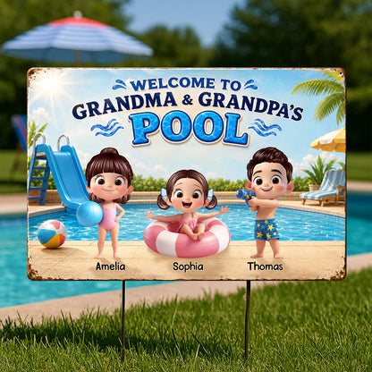Welcome to Grandma Grandpa's Pool - Personalized Metal Sign - Summer Decor Gift for Grandparents