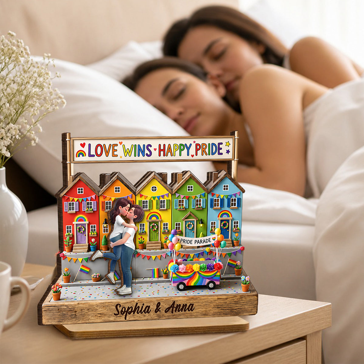 Love Wins LGBT+ Couple - Personalized Wooden Plaque - Gift For Couple, Happy Pride Month