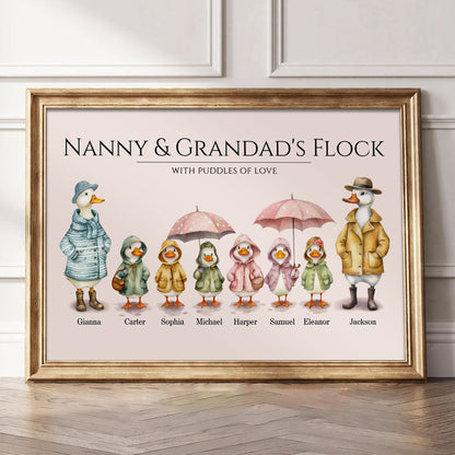 Grandparents Grandma Grandad's Flock Cute Watercolor Ducks Personalised Poster