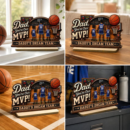Dad You Are Our MVP Standing Basketball Man & Kids 2D Flat - Personalized Wooden Plaque - Father's Day Gift For Basketball Dad