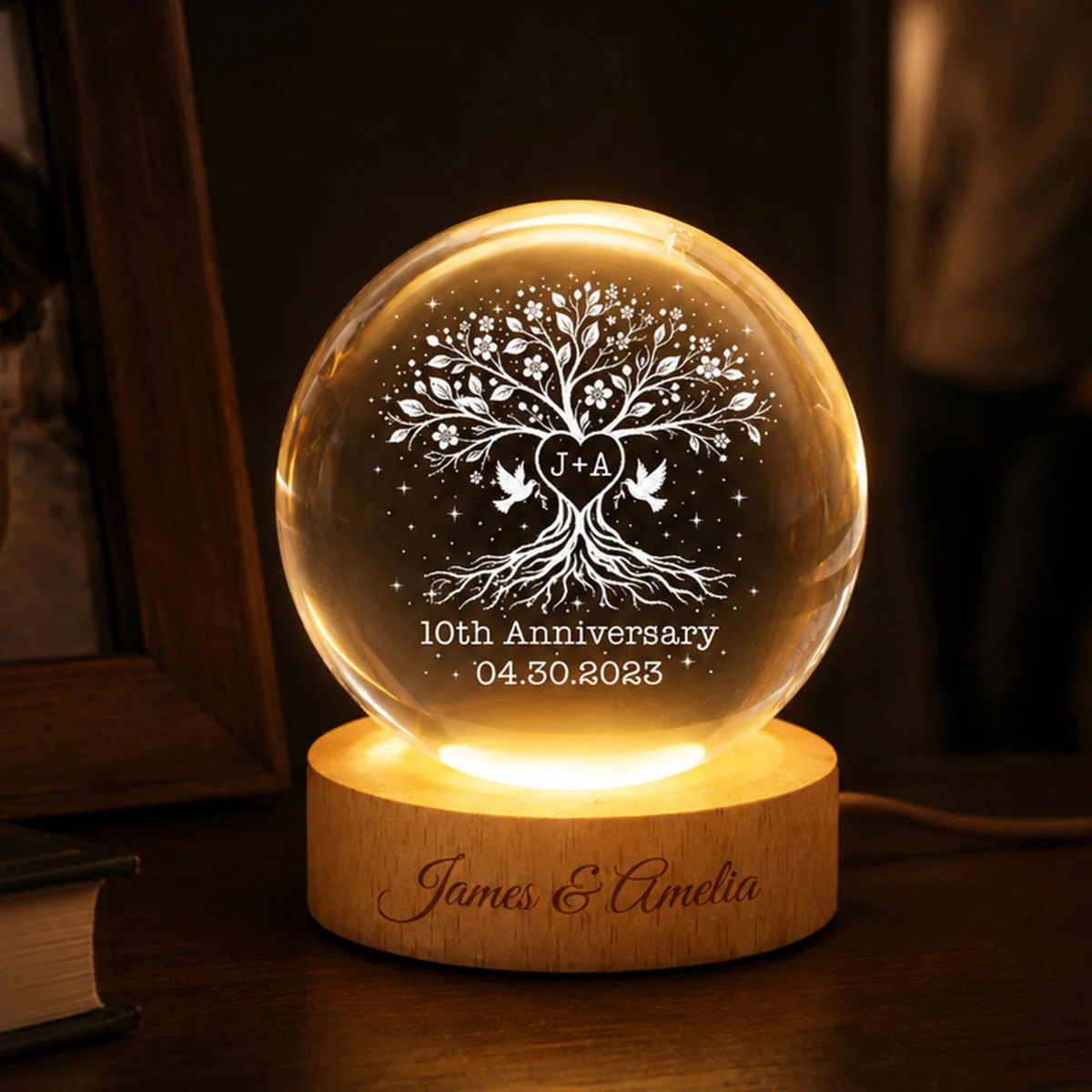 Wedding Anniversary Tree of Life - Personalized Crystal Ball LED Night Light - Heartfelt Gift for Her, Gift for Him