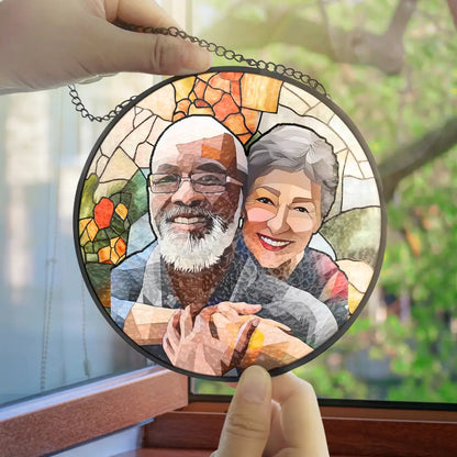 Custom Photo Portrait Mom Grandma Parents Family - Personalized Stained Glass Window Hanging Suncatcher