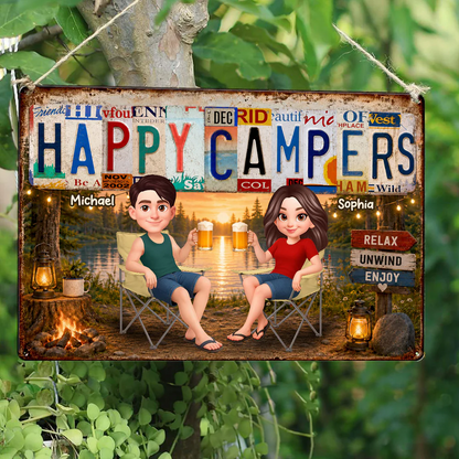 Happy Campers Camping Couple License Plate Style - Personalized Metal Sign - Gift For Campers