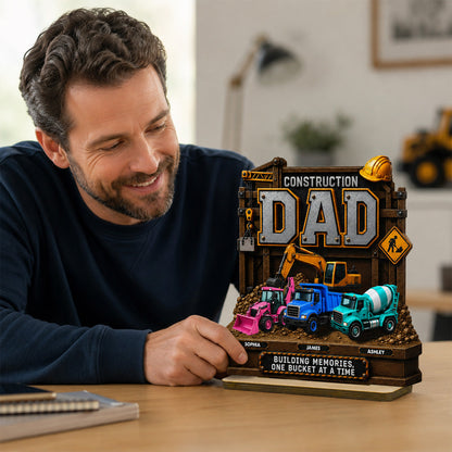 Construction Dad with Kids Names 2D Flat - Personalized Wooden Plaque