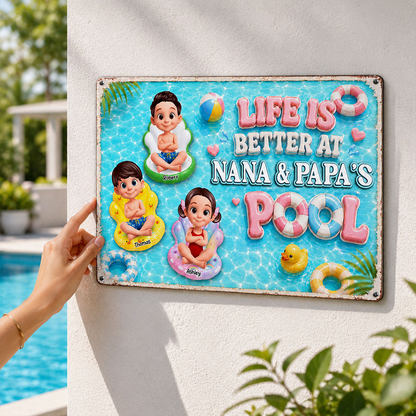 Pastel Life Is Better At Pool - Personalized Metal Sign - Gift For Grandparents, Summer Outdoor Pool, Porch, Patio, Bar Decoration