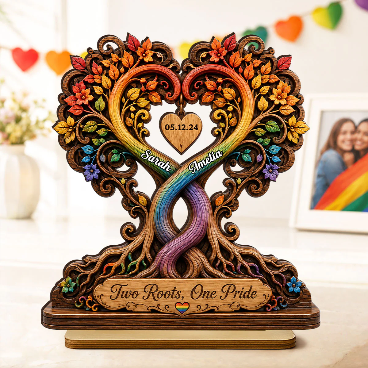 Two Roots One Pride LGBTQ+ Couple - Personalized Wooden Plaque - Heartfelt Anniversary Gift for Her, for Him