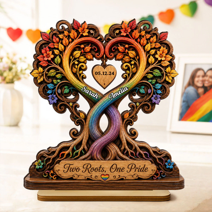 Two Roots One Pride LGBTQ+ Couple - Personalized Wooden Plaque - Heartfelt Anniversary Gift for Her, for Him