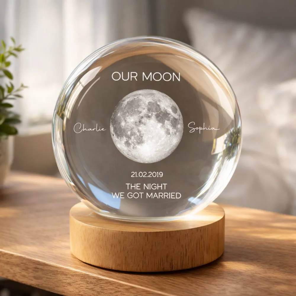 Our Moon Special Date, Custom Moon Phase by Date - Personalized Crystal Ball Night Light - Heartfelt Anniversary Gift for her, for him