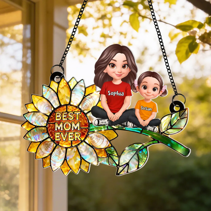 Sunflower Mom and Kids Sitting - Personalized Window Hanging Suncatcher - Mother's Day Gift for Mom, Wife