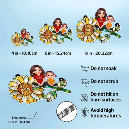 Sunflower Mom and Kids Sitting - Personalized Window Hanging Suncatcher - Mother's Day Gift for Mom, Wife