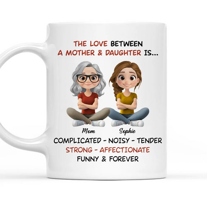 Personalized White Ceramic Mug Mother & Daughter Cute Cartoon Sitting Design - Unique Mother's Day Gift