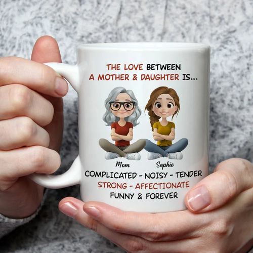 Personalized White Ceramic Mug Mother & Daughter Cute Cartoon Sitting Design - Unique Mother's Day Gift