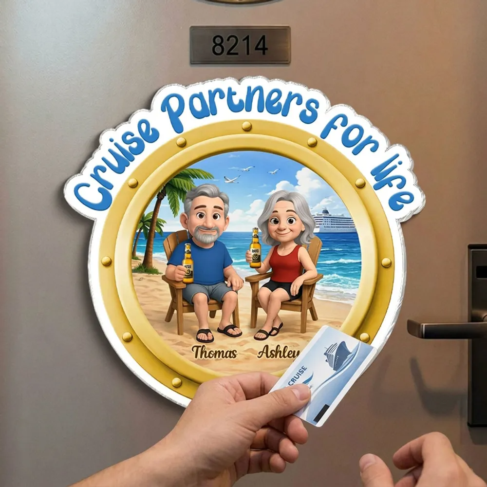 Cruise Partners For Life Porthole Cartoon Couple Sitting On The Beach - Personalized Cruise Ship Door Magnet