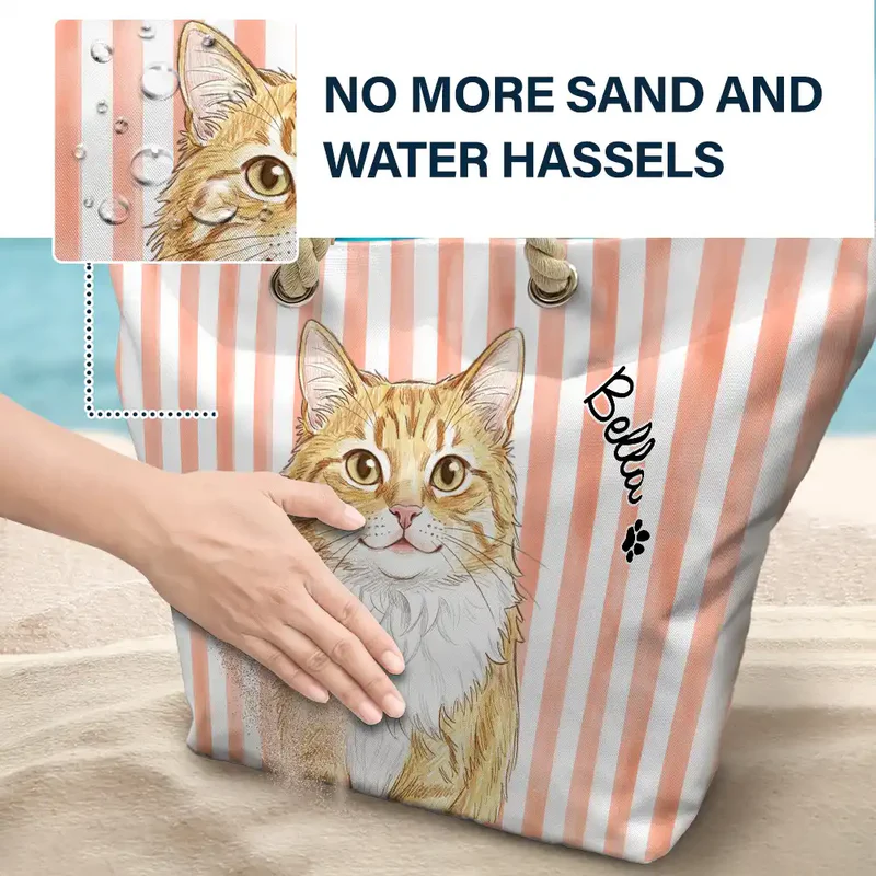 Custom Photo Colored Pencil Sketch Cute Dog Cat Stripe Pattern - Personalized Beach Bag