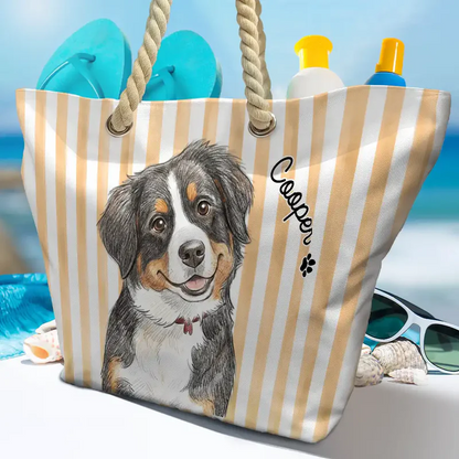 Custom Photo Colored Pencil Sketch Cute Dog Cat Stripe Pattern - Personalized Beach Bag