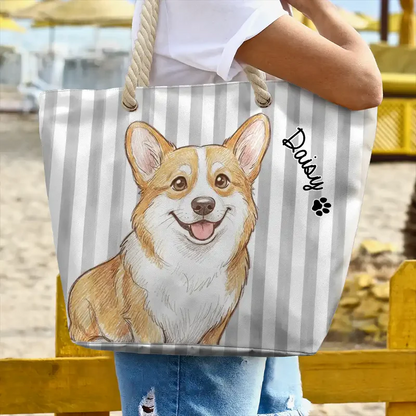 Custom Photo Colored Pencil Sketch Cute Dog Cat Stripe Pattern - Personalized Beach Bag