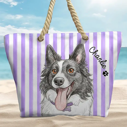 Custom Photo Colored Pencil Sketch Cute Dog Cat Stripe Pattern - Personalized Beach Bag