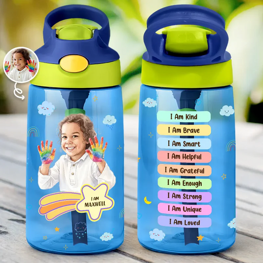 Custom Photo Realistic Watercolor Art I Am Affirmations - Personalized Kids Water Bottle With Straw