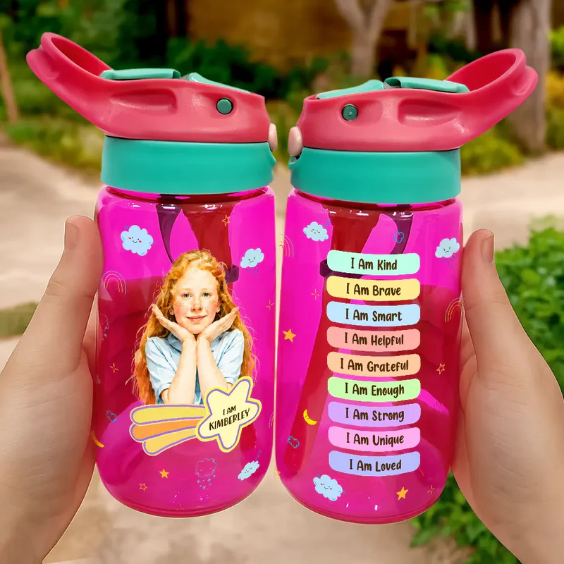 Custom Photo Realistic Watercolor Art I Am Affirmations - Personalized Kids Water Bottle With Straw