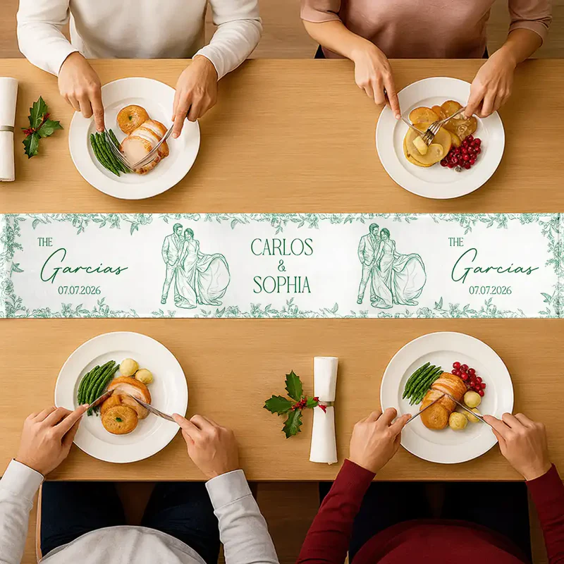Custom Photo Pencil Sketch Couples Wedding Engaged Bachelor Party - Personalized Table Runner