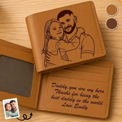 Custom Photo Engraved Bifold Leather Wallet Two Sides - Personalized Father's Day Birthday Gifts For Dad - You Are My Hero