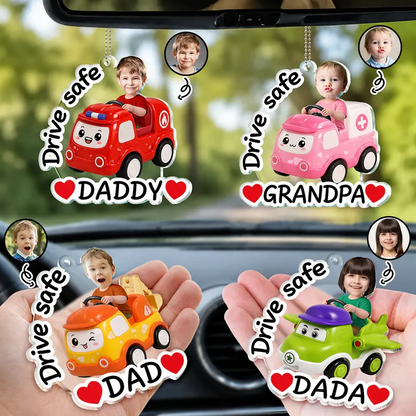 Custom Photo Cute Kid With Car Drive Safe Daddy - Personalized Acrylic Car Hanger