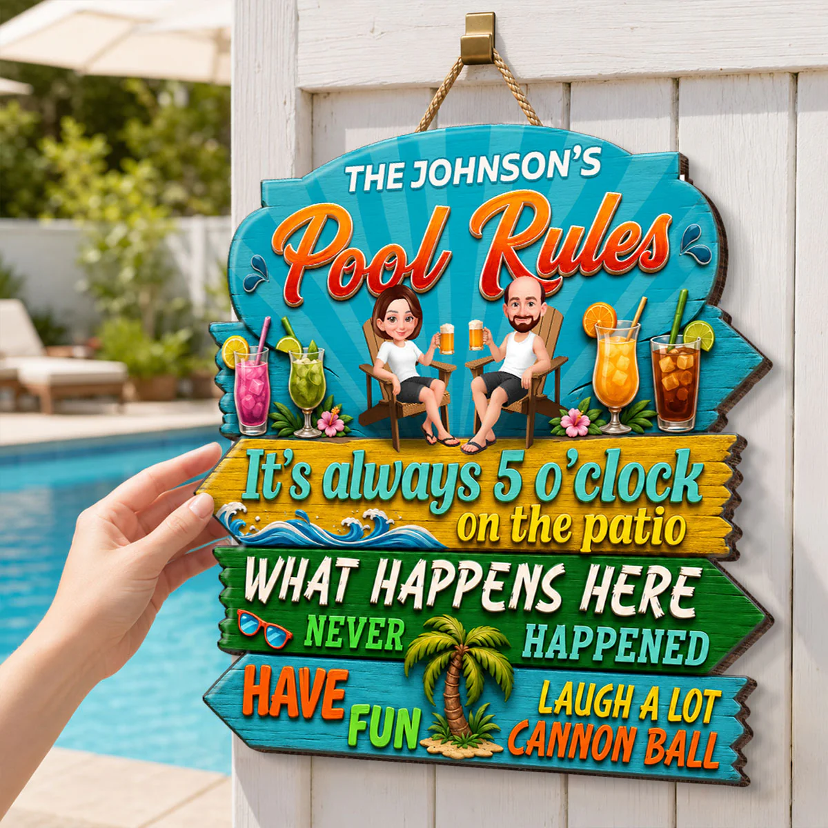 Family Pool Rules Sign Tropical - Personalized Wood Sign - Gift For Grandpa, Grandma, Summer Decorations