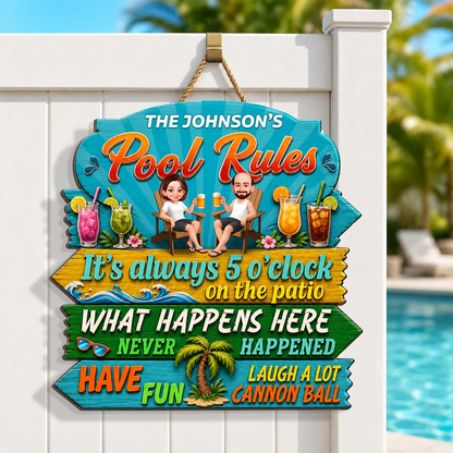 Family Pool Rules Sign Tropical - Personalized Wood Sign - Gift For Grandpa, Grandma, Summer Decorations