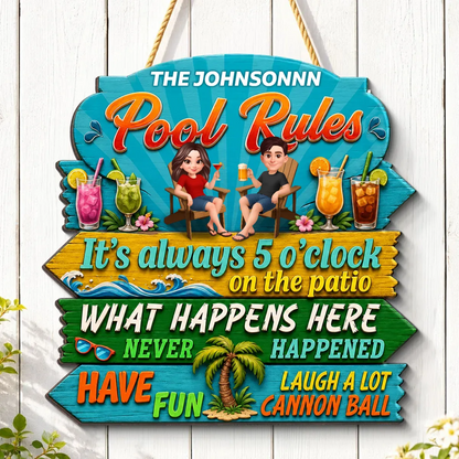 Family Pool Rules Sign Tropical - Personalized Wood Sign - Gift For Grandpa, Grandma, Summer Decorations