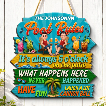 Family Pool Rules Sign Tropical - Personalized Wood Sign - Gift For Grandpa, Grandma, Summer Decorations