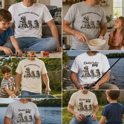 Off To Commit Dad Foolery Raccoon Dad & Kids - Personalized Shirt - Funny Father's Day Shirt For Husband