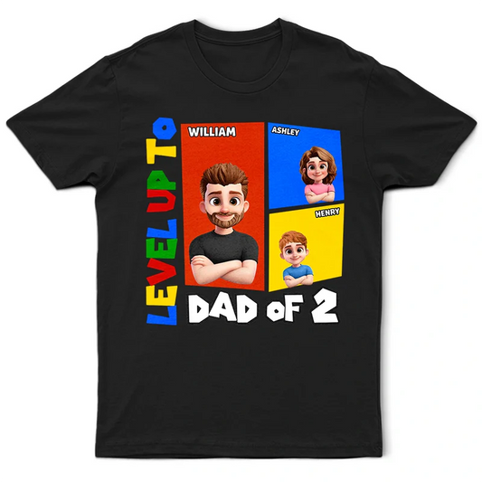 Level Up To Dad Of Two Basic Color Arcade Theme - Personalized T Shirt