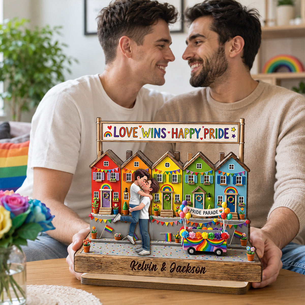 Love Wins LGBT+ Couple - Personalized Wooden Plaque - Gift For Couple, Happy Pride Month