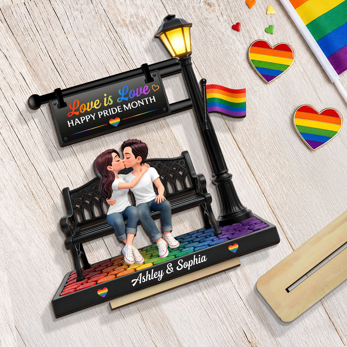LGBT+ Couple Sitting On Bench Under Lamp Post - Personalized Wooden Plaque - Gift For Couple, Happy Pride Month