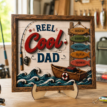 Reel Cool Dad Custom Kids Names Fishing - Personalized Wooden Plaque - Father’s Day Gift For Dad